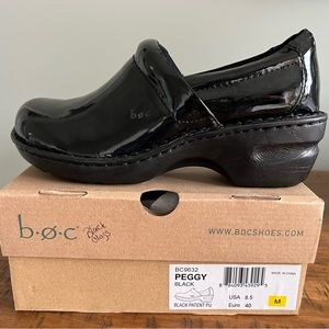 Black patent leather BOC clogs